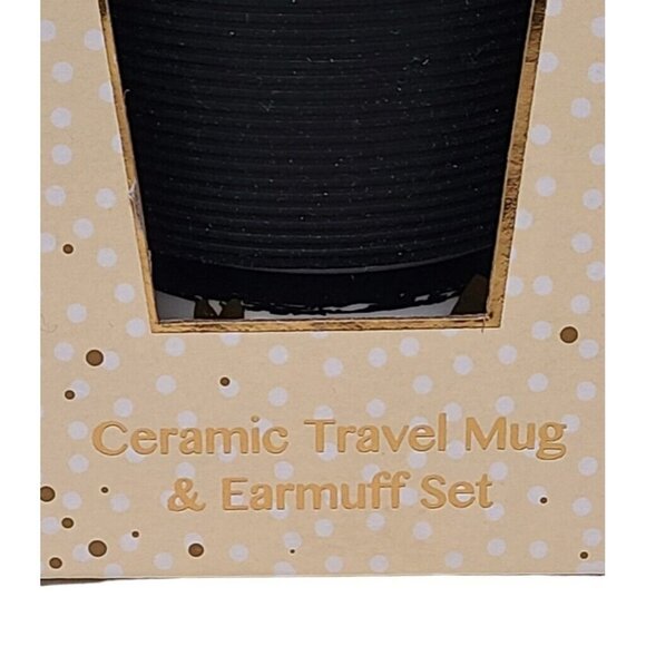 Totes Toasties Ceramic Travel Mug Earmuffs Gift Black & White Stripe Gold Heart - Picture 5 of 6